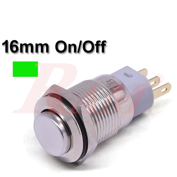 Metal Switch On/Off 16mm Green LED Ring Water/Dustproof مفتاح تشغيل On/Off معدني 16 ملم معدن مقاوم للماء والاتربة مع اضائة LED باللون الاخضر
