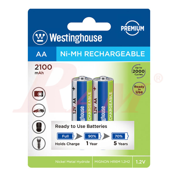 Westinghouse Battery 2xAA Rechargeable 1.2V AA Ni-MH 2100mAh عدد 2 بطارية قابلة للشحن 2100mA مقاس قلم AA ماركة ويستينجهاوس