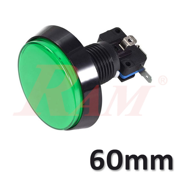 Arcade Style 60mm Big Round Push Button With Green LED Light - Flat Head  زر ضغط دائري كبير مقاس 60 ملم على طراز Arcade مع ضوء LED اخصر