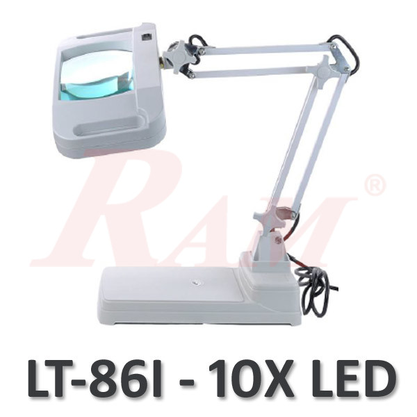 LT86I Glass 10X Big Magnifier Stand With Handle & LED Light - NEW Shape  عدسة تكبير 10 مرات بقاعدة وماسك وذراع متحرك مع اضائة ليد