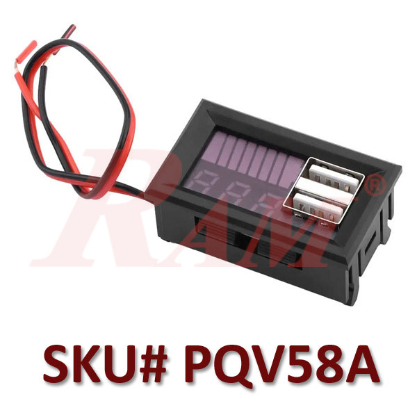 Digital Voltage & Battery Capacity Meter Panel For Lead Acid Battery 12V With Dual USB Output 5V 2A (SKU#PQV58A) عداد مؤشر فولت ومؤشر سعة بطارية 12V مع USB مزدوج 5V 2A – PQV58A