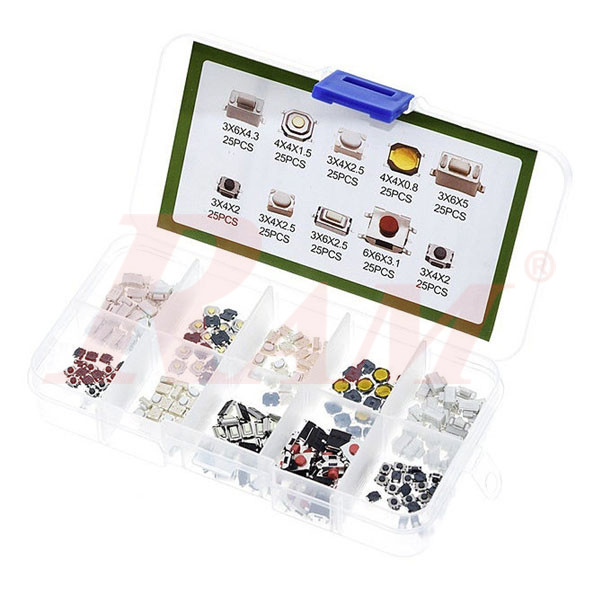 Box of 250pcs Tack Button Switch Kit مجموعة ازرار برسات ضغط صغيرة 250 قطعة متنوعة الموديلات والمقاسات