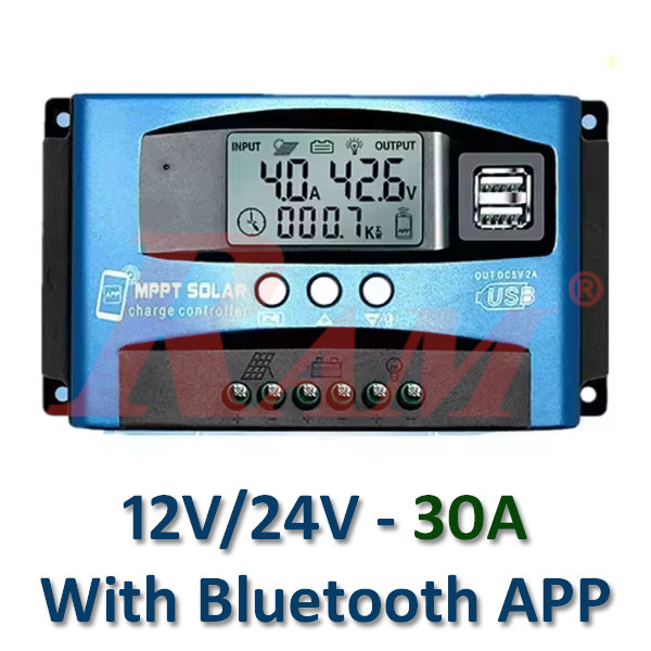 MPPT 30A Solar Charge Controller 12V/24V - With Bluetooth Mobile APP منظم شحن طاقة شمسية MPPT بقدرة 30 امبير لبطاريات 12/24 فولت مع بلوتوث وتطبيق موبايل