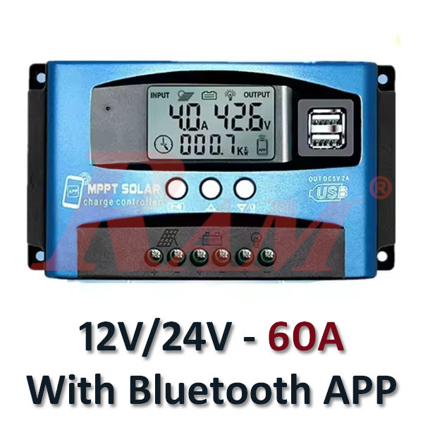 MPPT 60A Solar Charge Controller 12V/24V- With Bluetooth Mobile APP منظم شحن طاقة شمسية MPPT بقدرة 60 امبير لبطاريات 12/24 فولت مع بلوتوث وتطبيق موبايل