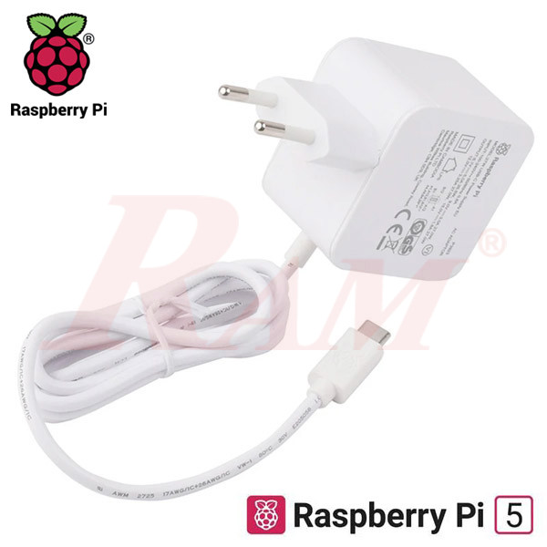 Raspberry Pi 5 - 27W USB-C Power Supply مزود طاقة USB-C بقدرة 27 وات لبورد Raspberry Pi 5 اصلي
