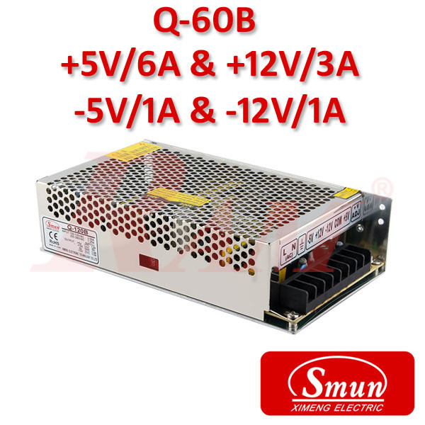 Smun® Industrial SMPS Quadruple Output +5Vdc/6A +12Vdc/3A & (-)5Vdc/1A (-)12Vdc/1A Input 220Vac (Q-60B)