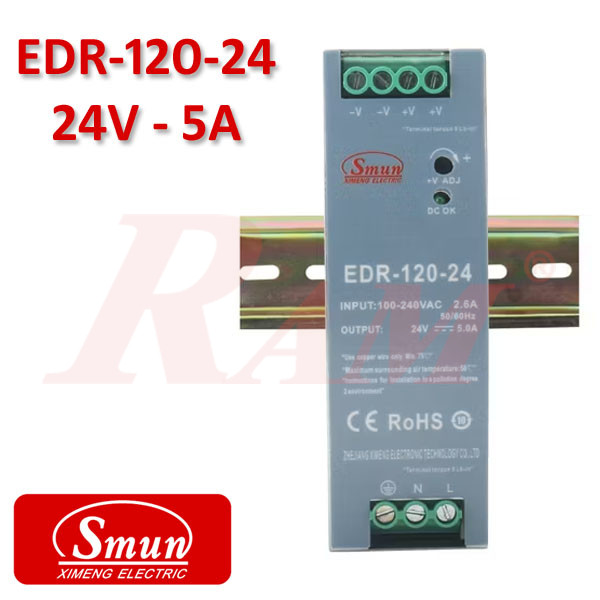 Smun® Industrial SMPS Din-Rail Type Output +24Vdc/5A Input 220Vac EDR-120-24