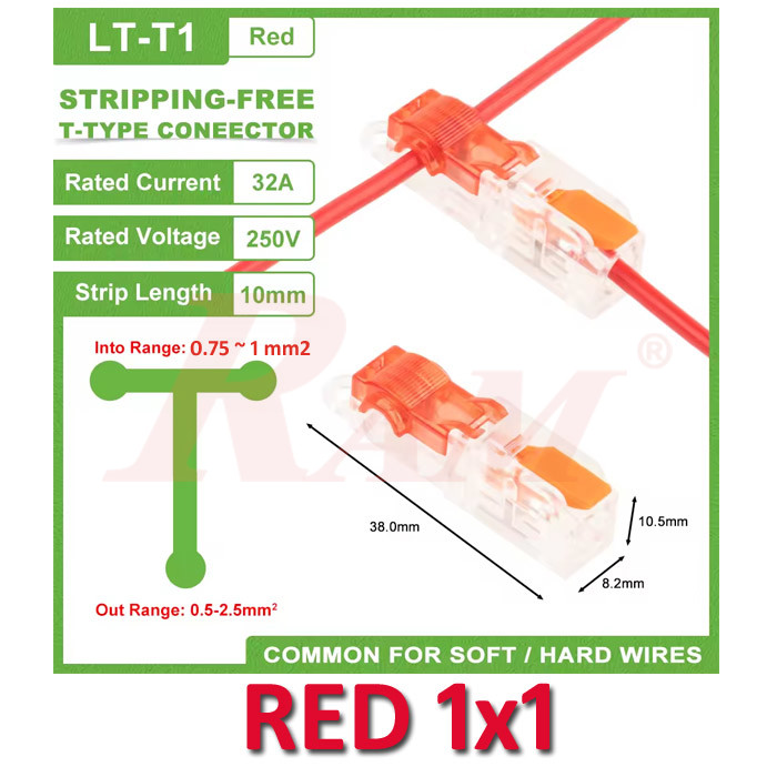 WAGO T-Tap 1x1 (Red) 0.75~1mm² Stripping Free Wiring Connector - Conductor Terminal Block With Lever LT-T1-RED