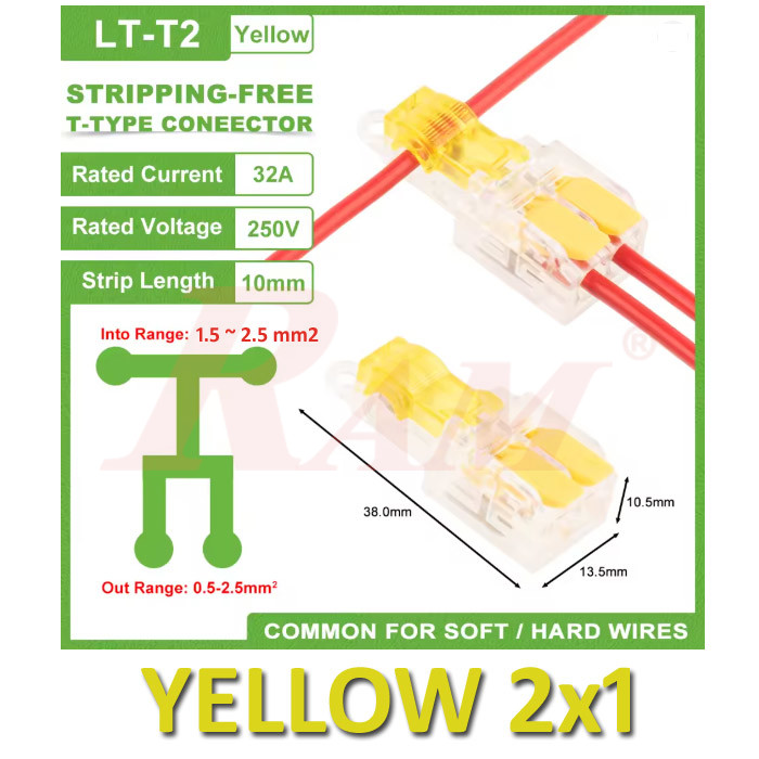 WAGO T-Tap 2x1 (Yellow) 1.5~2.5mm² Stripping Free Wiring Connector - Conductor Terminal Block With Lever LT-T2-YELLOW