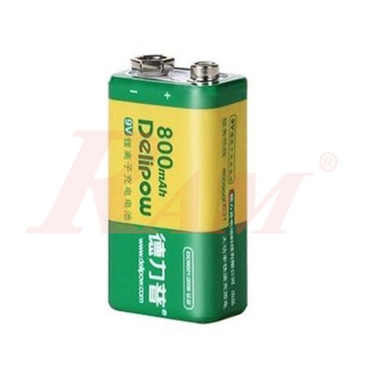 [BATTERY9V.RECH.DELIPOW.800MAH] Delipow Battery 9V 800mAh Lithium Ion Rechargeable بطارية قابلة للشحن ليثيوم 9 فولت 800 ملي امبير