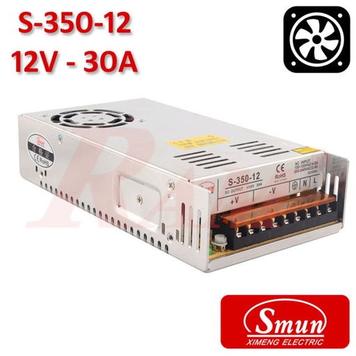 [KIT.SMPS.12V.30A.FAN] Smun® Industrial SMPS Output +12Vdc/30A Input 220Vac With Cooling Fan (S-350-12)