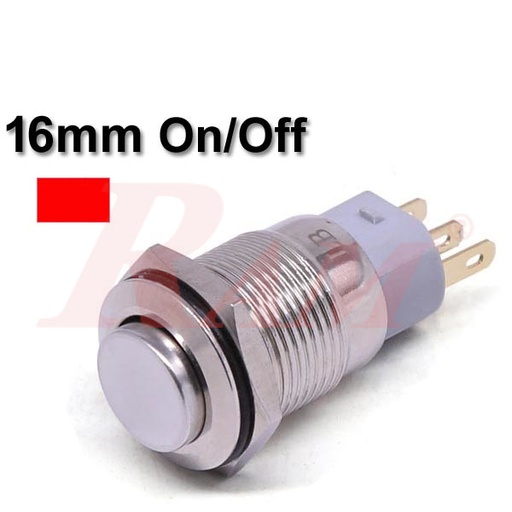 [PB.16.M.ON.OFF.RED] Metal Switch On/Off 16mm Red LED Ring Water/Dustproof