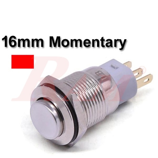 [PB.16.M.TACK.RED] Metal Switch Momentary 16mm Red LED Ring Water/Dustproof مفتاح لحظي Tack معدني 16 ملم معدن مقاوم للماء والاتربة مع اضائة LED باللون الاحمر