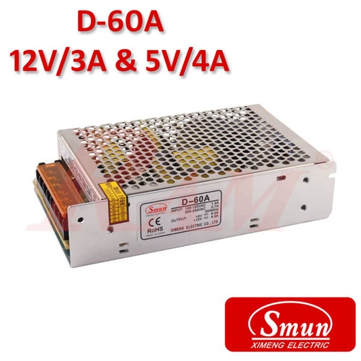 [KIT.SMPS.12V3A.5V4A] Smun® Industrial SMPS Dual Output +12Vdc/3A & +5Vdc/4A Input 220Vac (D-60A)