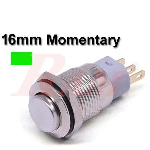[PB.16.M.TACK.GREEN] Metal Switch Momentary 16mm Green LED Ring Water/Dustproof مفتاح لحظي Tack معدني 16 ملم معدن مقاوم للماء والاتربة مع اضائة LED باللون الاخضر
