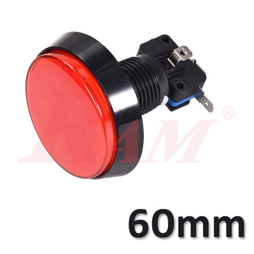 [PB.ARCADE.60MM.12V.R] Arcade Style 60mm Big Round Push Button With Red LED Light - Flat Head زر ضغط دائري كبير مقاس 60 ملم على طراز Arcade مع ضوء LED احمر
