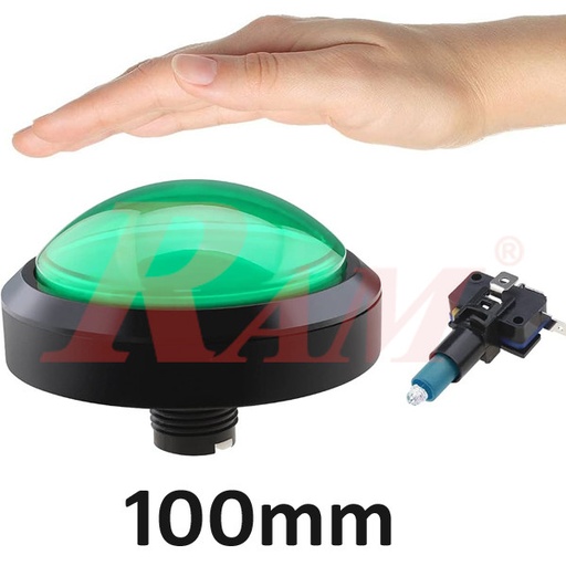 [PB.ARCADE.100MM.12V.G] Arcade Style 100mm Big Round Push Button With Green LED Light - Massive Arcade Button with LED زر ضغط دائري عملاق مقاس 100 ملم على طراز Arcade مع ضوء LED اخضر