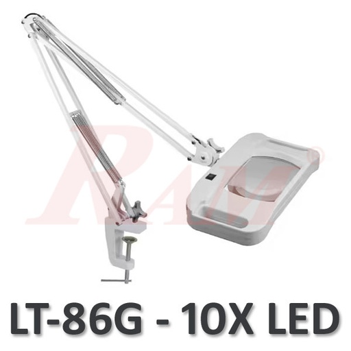 [MAGNIFIER.LT86G.X10] LT86G Glass 10X Big Magnifier Movable Arm With Handle & LED Light - New Shape عدسة تكبير تثبيت ربط مكتبي مع ذراع متحرك بالماسك عدسة مستطيلة و اضائة ليد