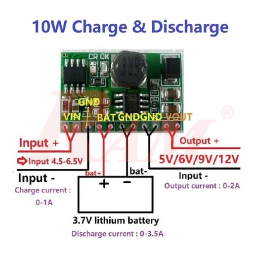 [KIT.LI.CHARGE.BOOSTER.12V.10W] Lithium 18650 Battery Charger and Discharger + Booster Module Output 12Vdc 10W