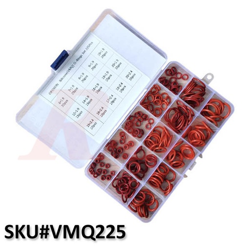 [BOX.VMQ.225PCS.200C] Box of Red O-Ring VMQ Rubber Sealed Ring Heat Resistant Silicon 200°C 225pcs/set (SKU#VMQ225)