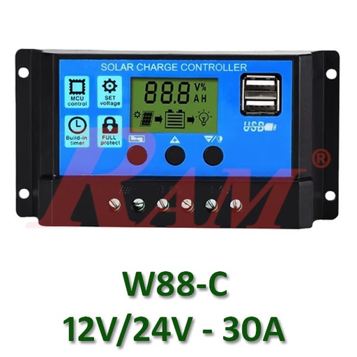 [SC.W88C] W88-C PWM Solar Charge Controller 12V/24V 30A منظم شحن طاقة شمسية PWM بقدرة 30 امبير لبطاريات 12/24 فولت موديل W88-C